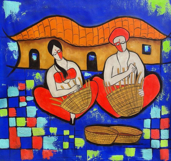 Figurative mixed media painting titled 'Villager', 30x30 inches, by artist Chetan Katigar on canvas