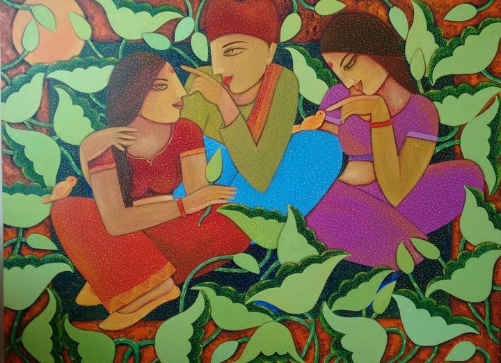 Nature acrylic painting titled 'Villagers', 48x36 inches, by artist Sadaf Beg Khan on canvas