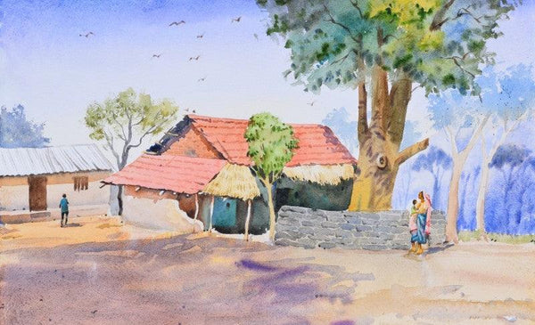 Landscape watercolor painting titled 'Villlage Life', 18x30 inches, by artist Ambadas Nagpure on Paper