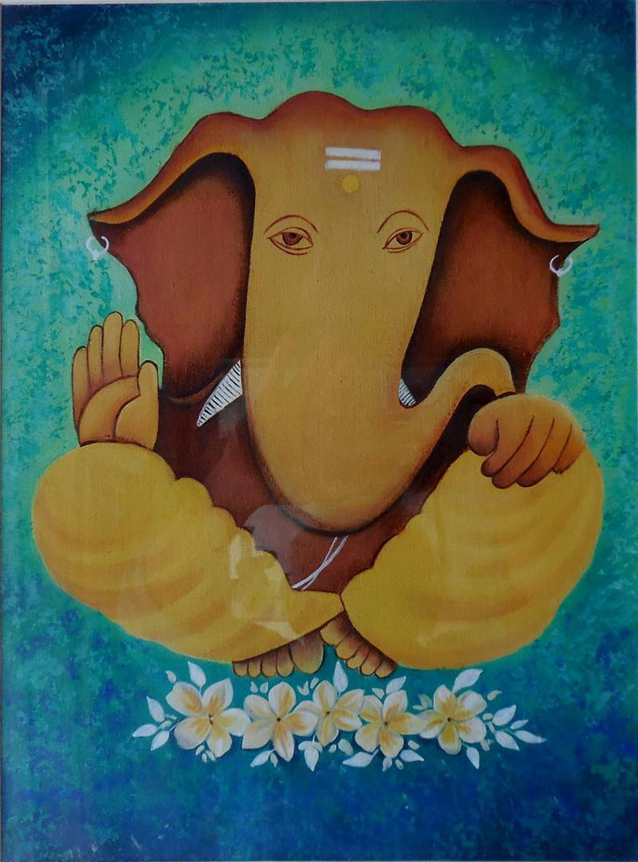 Religious oil painting titled 'Vinayak', 18x15 inches, by artist Kaladikam Arts on Canvas