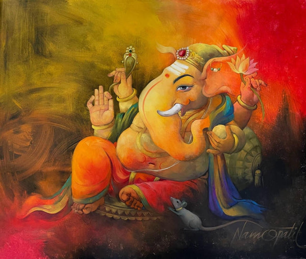 Religious oil painting titled 'Vinayaka', 34x42 inch, by artist Namdev M Patil on Canvas