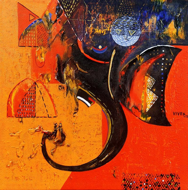 Religious acrylic painting titled 'Vinayaka', 18x18 inches, by artist Vivek Nimbolkar on Canvas