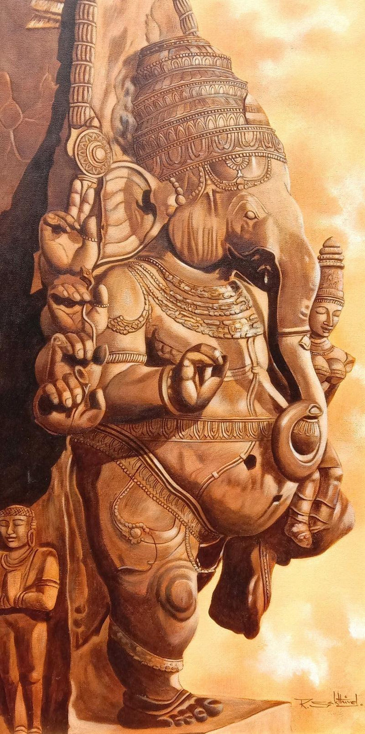 Religious acrylic painting titled 'Vinayaka Madurai', 41x24 inches, by artist Sakthivel Ramalingam on Canvas