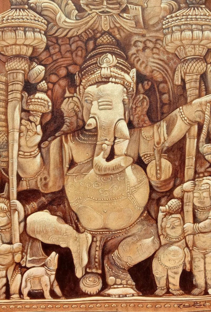 Religious acrylic painting titled 'Vinayaka Wood', 28x20 inches, by artist Sakthivel Ramalingam on Canvas