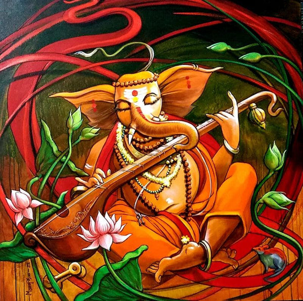 Religious acrylic painting titled 'Vinayakam', 48x48 inches, by artist Manoj Das on Canvas