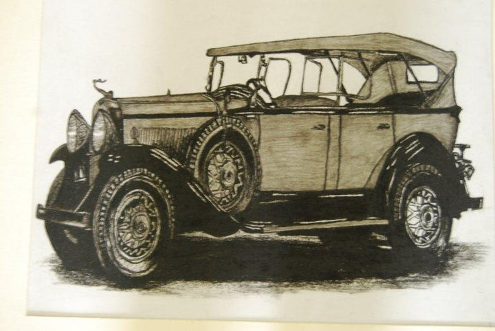 Lifestyle charcoal painting titled 'Vintage Car 2', 16x11 inches, by artist Sakshi Jain on Cartridge Paper