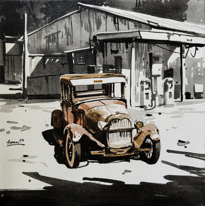 Cityscape acrylic painting titled 'Vintage Car', 12x12 inch, by artist Arpan Bhowmik on Canvas