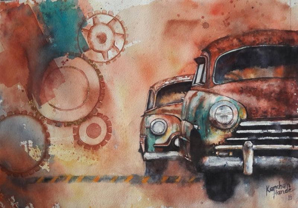 Transportation watercolor painting titled 'Vintage Series 4', 15x24 inches, by artist Kanchan Hande on Paper