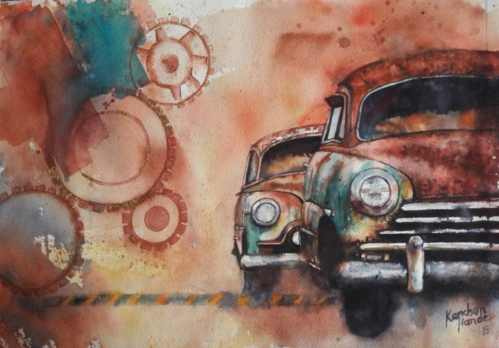 Transportation watercolor painting titled 'Vintage Series 4', 15x24 inches, by artist Kanchan Hande on Paper