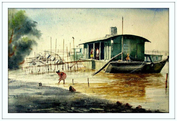 Landscape watercolor painting titled 'Vintage ship at river side', 22x14 inches, by artist Biki Das on Paper