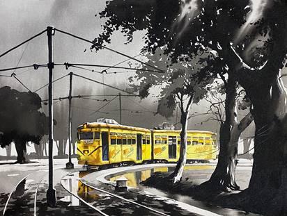 Cityscape acrylic painting titled 'Vintage Tram of Old Calcutta', 30x40 inches, by artist Arpan Bhowmik on Canvas