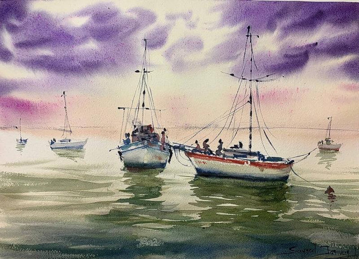 Landscape watercolor painting titled 'Violet Sky', 11x15 inches, by artist KS Farvez on Paper