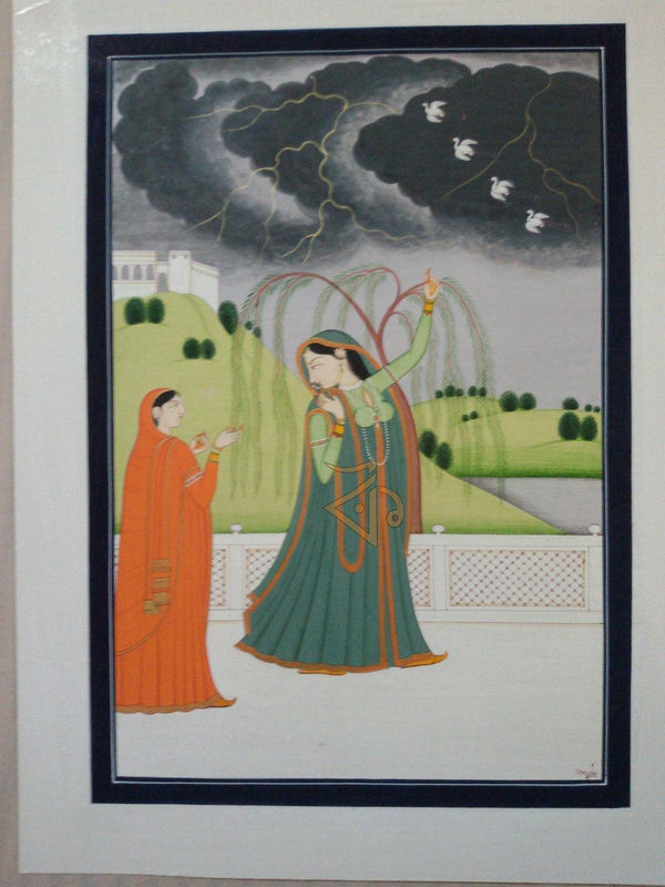 Folk Art mughal traditional art titled 'Virharinayika Kangra Art', 13x10 inches, by artist Kalavithi Art Ventures on Handmade Paper