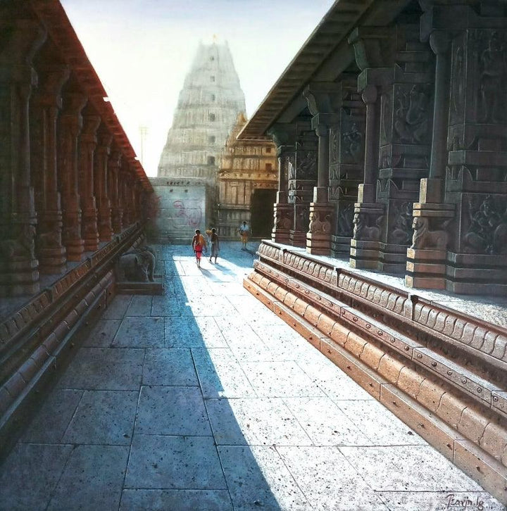 Religious oil painting titled 'Virupaksha Temple Hampi 1', 36x36 inches, by artist Pravin Pasare on Canvas