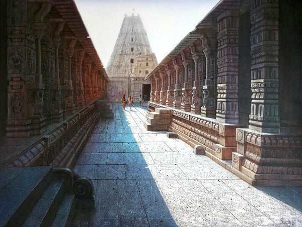 Religious oil painting titled 'Virupaksha Temple Hampi 3', 36x48 inches, by artist Pravin Pasare on Canvas