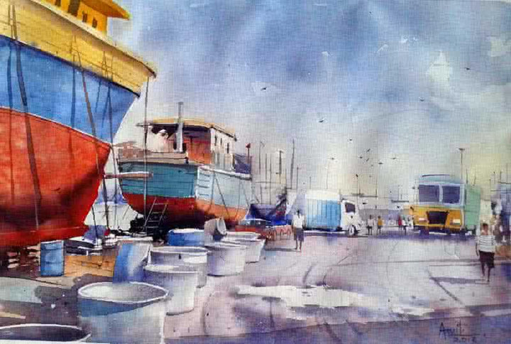 Cityscape watercolor painting titled 'Vishakapatnam Port I', 11x15 inches, by artist Amit Kapoor on Paper