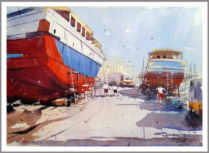 Cityscape watercolor painting titled 'Vishakapatnam Port II', 11x15 inches, by artist Amit Kapoor on Paper