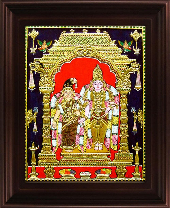 Religious tanjore traditional art titled 'Vishnu Andal Tanjore Painting', 24x18 inches, by artist Myangadi Tanjore on Plywood