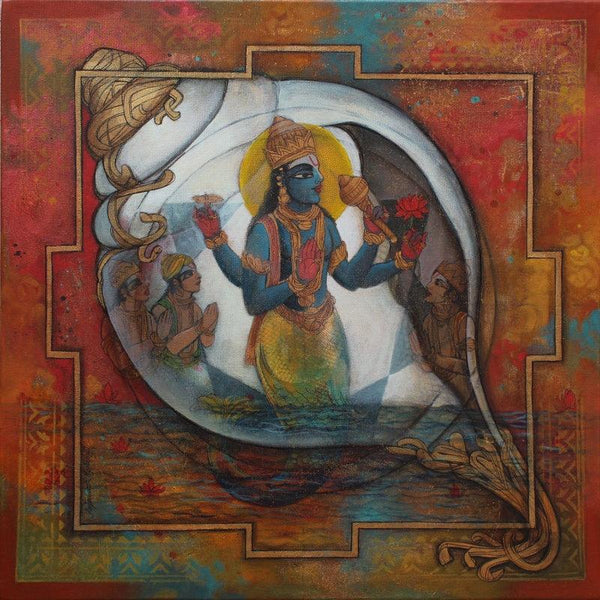 Religious acrylic painting titled 'Vishnu', 20x20 inches, by artist N P Rajeshwarr on Canvas