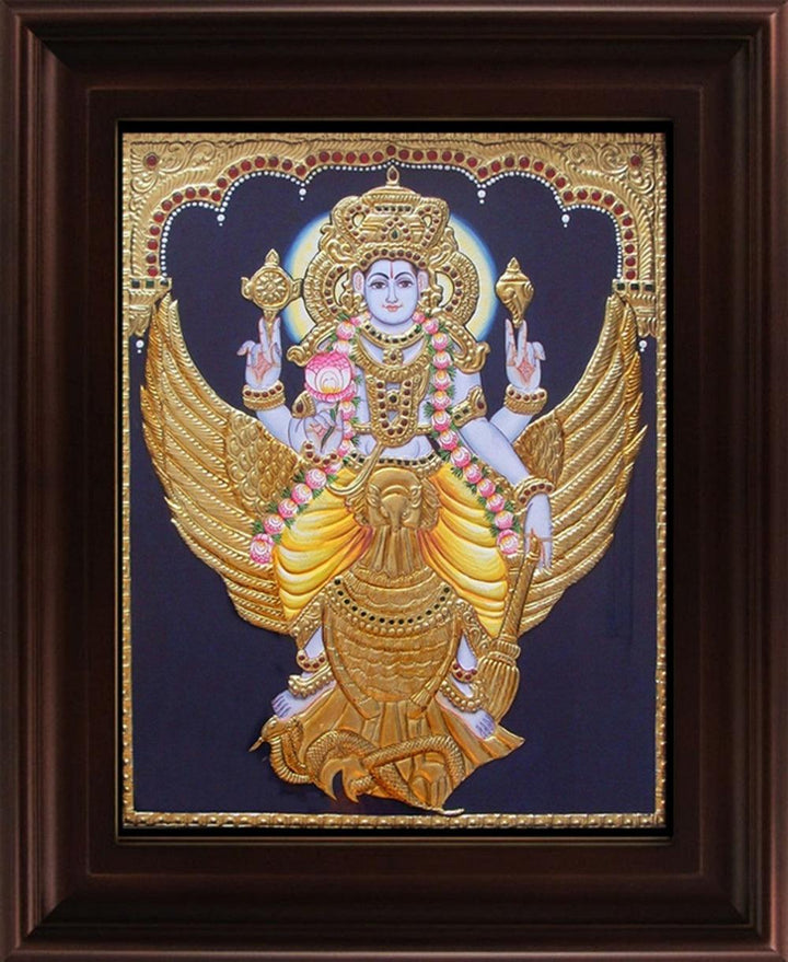 Religious tanjore traditional art titled 'Vishnu Karudan Tanjore Painting', 24x18 inches, by artist Myangadi Tanjore on Plywood