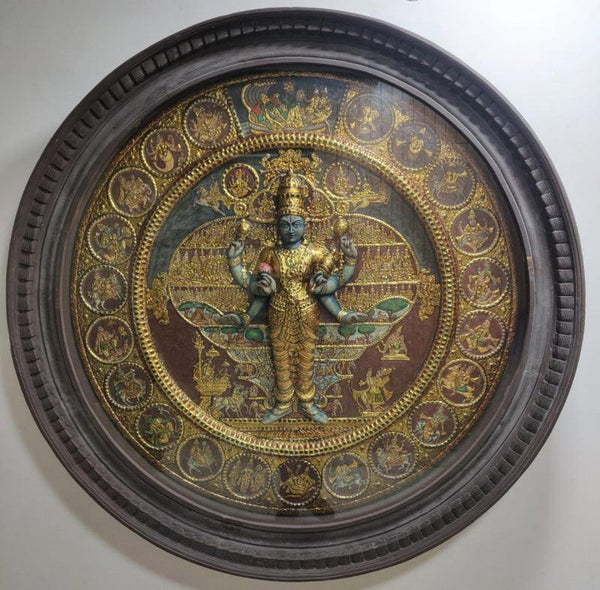 Religious tanjore traditional art titled 'Vishnu Veeram', 54x54 inches, by artist Unknown on Wood