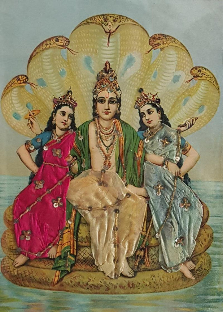 Religious oleograph painting titled 'Vishnu With Consorts', 17x13 inches, by artist Raja Ravi Varma on Paper