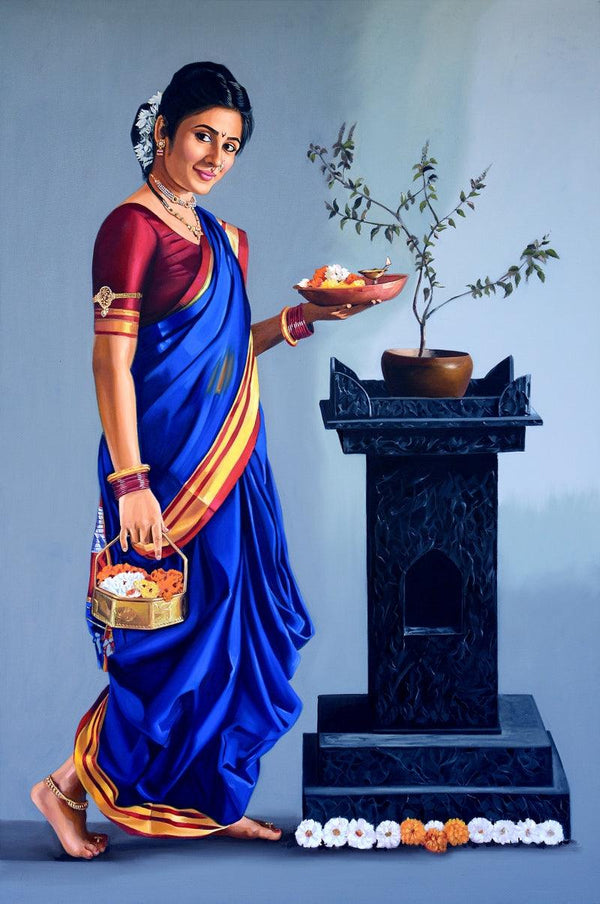 Figurative oil painting titled 'Vishnupriya', 72x48 inches, by artist Vinayak Takalkar on Canvas