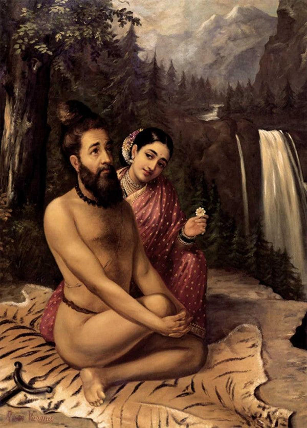 Figurative oil painting titled 'Vishwamitra And Menaka', 36x26 inches, by artist Raja Ravi Varma Reproduction on Canvas