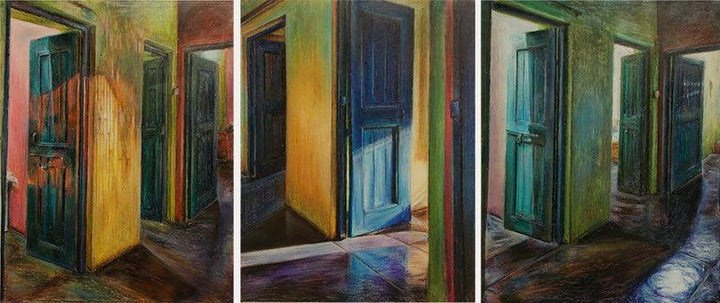 Landscape oil pastel painting titled 'Vision Corrosion 13', 13x30 inches, by artist Banani Karmakar Bhunia on Paper