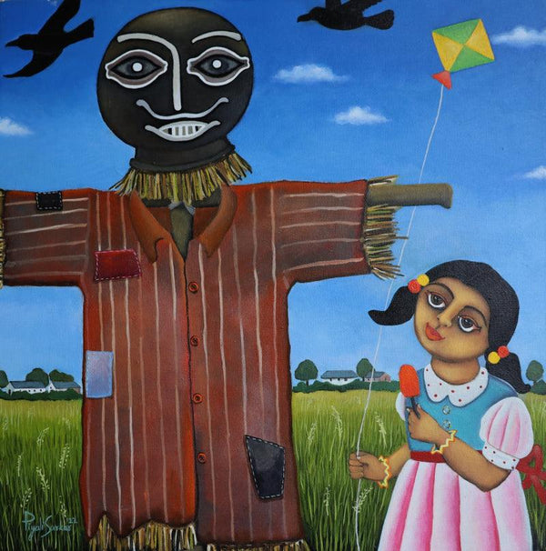 Figurative acrylic painting titled 'Visit To Village', 20x20 inches, by artist Piyali Sarkar on Canvas