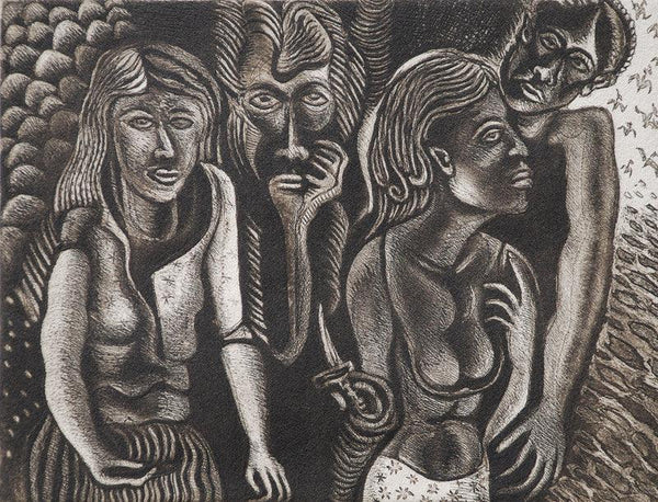 Figurative printmaking titled 'Visual Dialogue 1', 9x12 inches, by artist Sushanta Guha on Paper