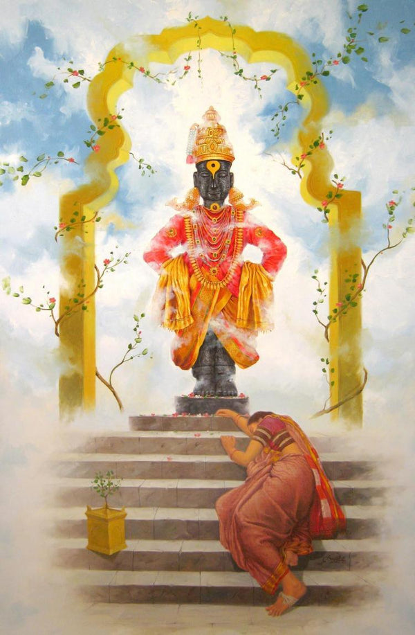 Motivational oil painting titled 'Vitthal Bhakti', 66x42 inches, by artist Baburao (amit) Awate on Canvas