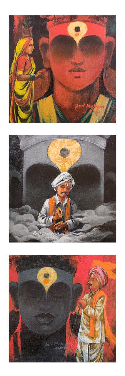 Religious acrylic painting titled 'Vitthal (set of 3)', 8x8 inches, by artist Anil Mahajan on Canvas