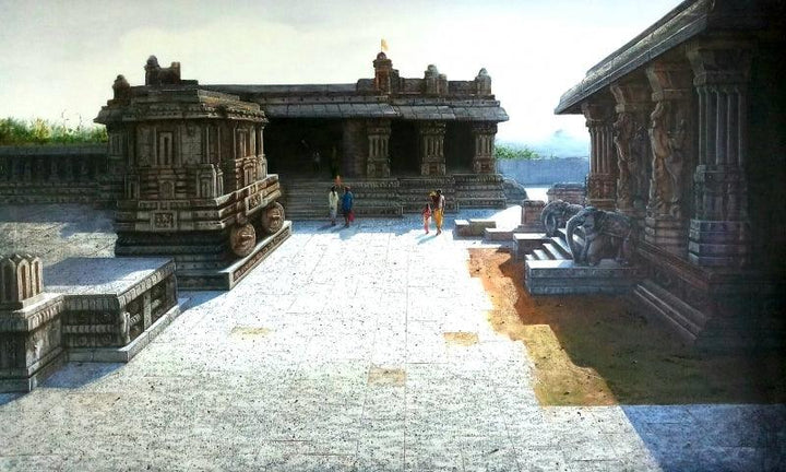 Religious oil painting titled 'Vitthala Temple Hampi 2', 36x60 inches, by artist Pravin Pasare on Canvas