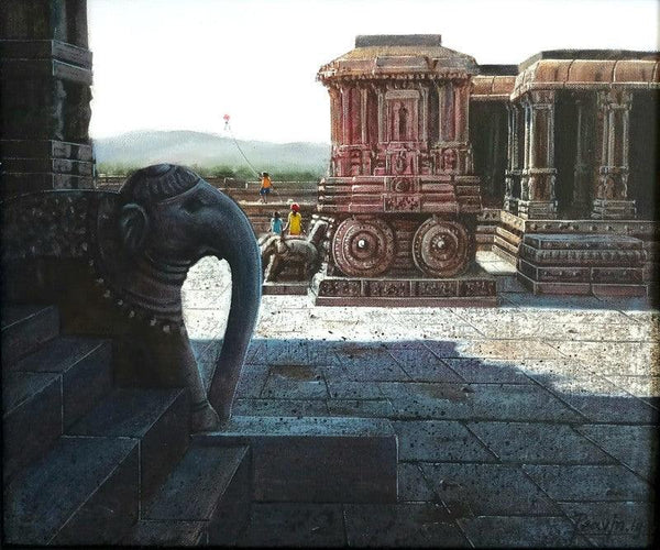 Religious oil painting titled 'Vitthala Temple Hampi 21', 15x18 inches, by artist Pravin Pasare on Canvas