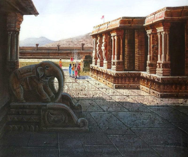 Religious oil painting titled 'Vitthala Temple Hampi 23', 15x18 inches, by artist Pravin Pasare on Canvas