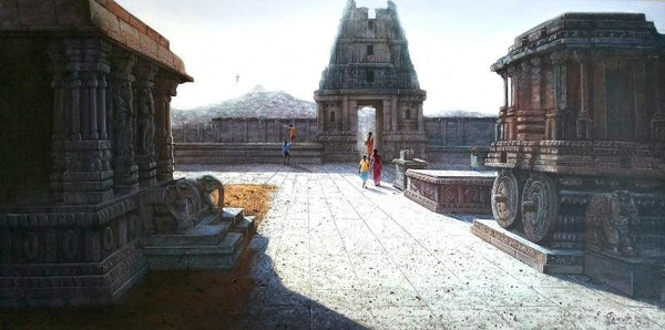 Religious oil painting titled 'Vitthala Temple Hampi 3', 20x40 inches, by artist Pravin Pasare on Canvas