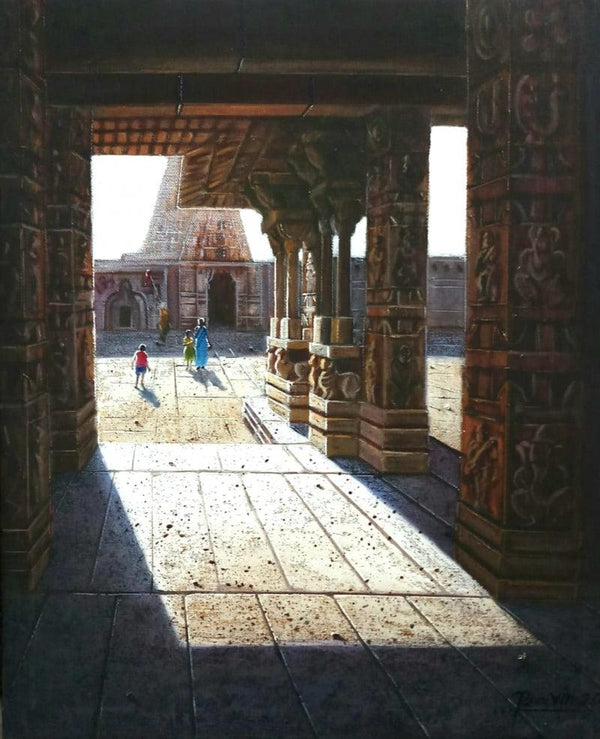 Religious oil painting titled 'Vitthala Temple Hampi 33', 18x15 inches, by artist Pravin Pasare on Canvas