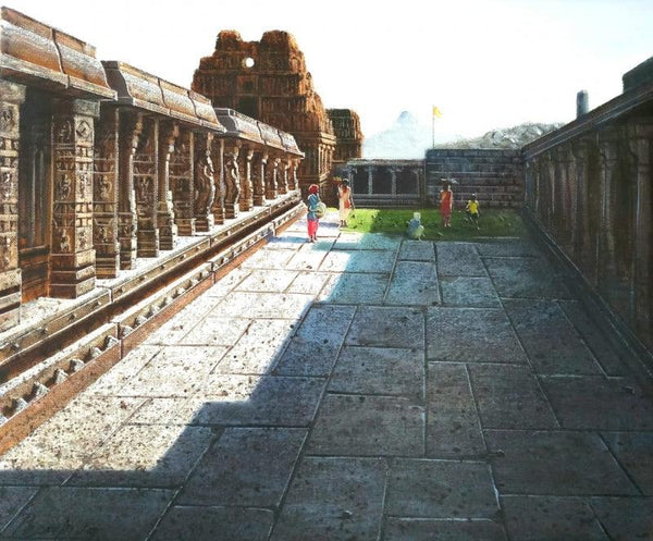 Religious oil painting titled 'Vitthala Temple Hampi 37', 15x18 inches, by artist Pravin Pasare on Canvas