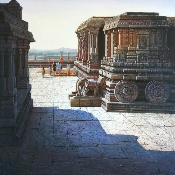 Religious oil painting titled 'Vitthala Temple Hampi 4', 36x36 inches, by artist Pravin Pasare on Canvas