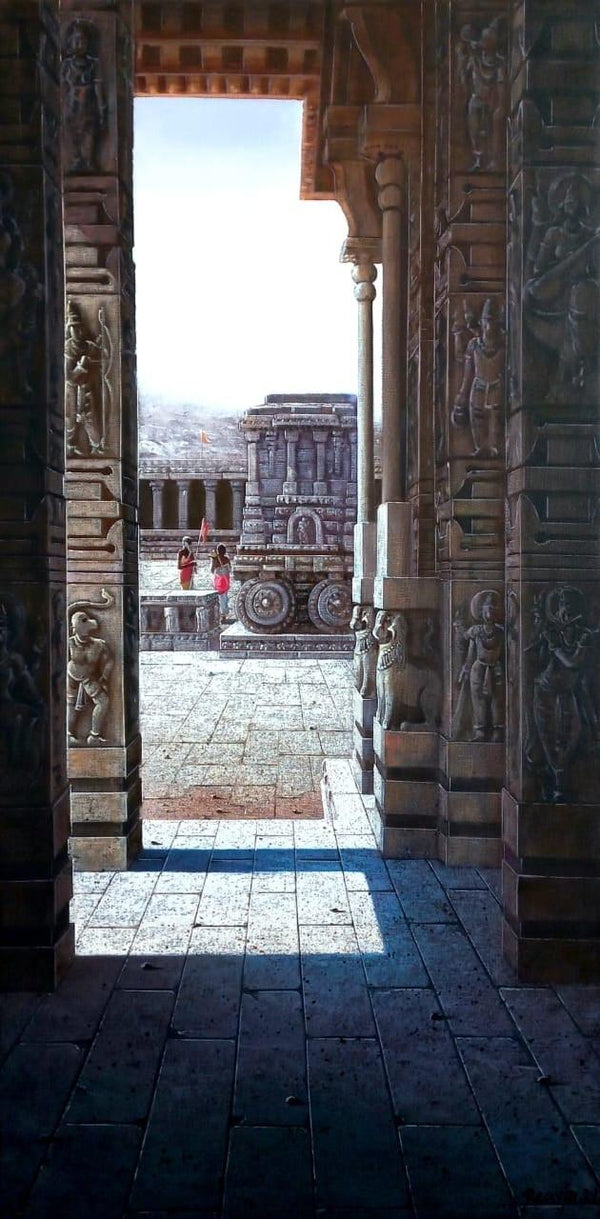 Religious oil painting titled 'Vitthala Temple Hampi 43', 40x20 inches, by artist Pravin Pasare on Canvas