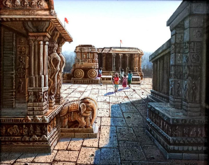 Religious oil painting titled 'Vitthala Temple Hampi 52', 15x18 inches, by artist Pravin Pasare on Canvas