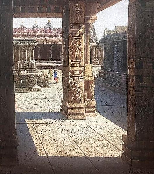 Religious oil painting titled 'Vitthala Temple Hampi 55', 18x15 inches, by artist Pravin Pasare on Canvas