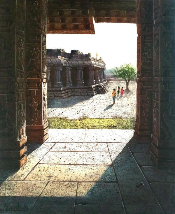 Religious oil painting titled 'Vitthala Temple Hampi 9', 18x15 inches, by artist Pravin Pasare on Canvas