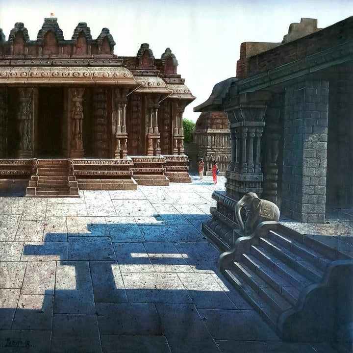 Religious oil painting titled 'Vitthala Temple Hampi', 36x36 inches, by artist Pravin Pasare on Canvas