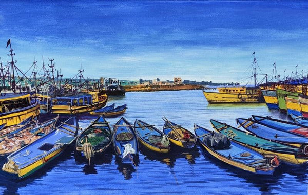 Seascape gouache painting titled 'Vizag harbour', 15x23 inches, by artist Shiva Prasad Reddy on canson paper
