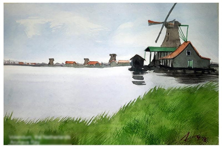 Cityscape watercolor painting titled 'Vollendam The Netherlands', 7x11 inches, by artist Arunava Ray on Paper