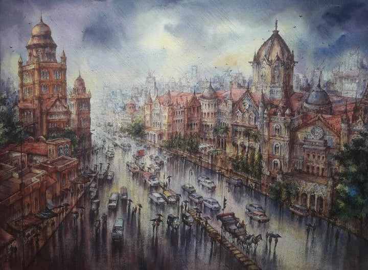 Cityscape watercolor painting titled 'Vt Station In Mumbai 2', 23x30 inches, by artist SHUBHASHIS MANDAL on Handmade paper