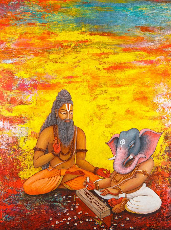 Religious acrylic painting titled 'Vyasa Katha', 48x35 inches, by artist Shivani Attri on Canvas