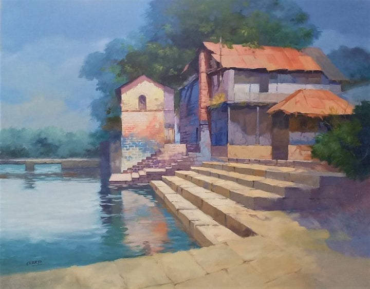 Cityscape acrylic painting titled 'Wai Ghat', 24x30 inches, by artist Mohan Charya on Canvas